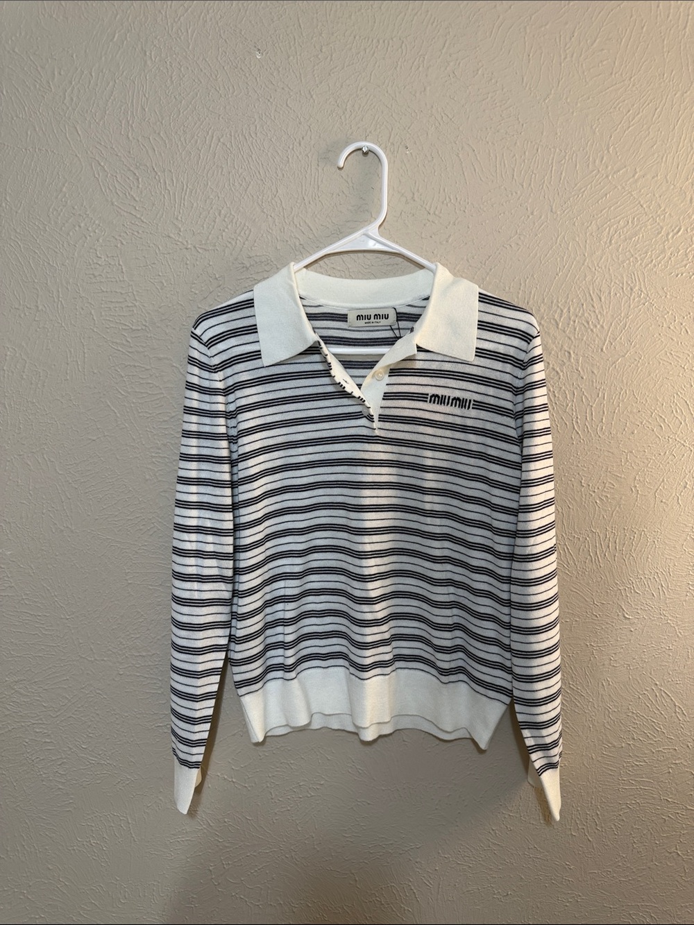 Miu Miu Black and White Striped V‑Neck Polo Sweater